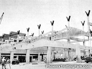 Construction of the grandstand with roof support columns in place